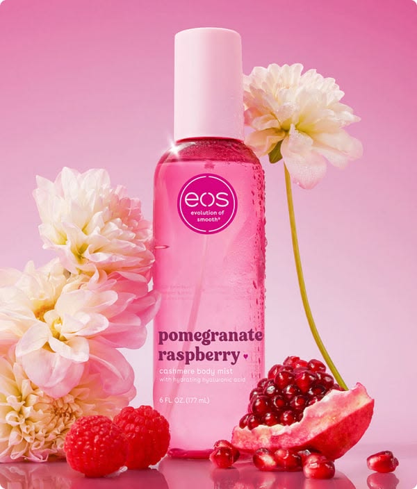 eos Cashmere Body Mist, Pomegranate Raspberry, body spray for women, hair mist, fruity, moisturizing, hyaluronic acid, glycerin, vegan, cruelty-free, 6 fl oz